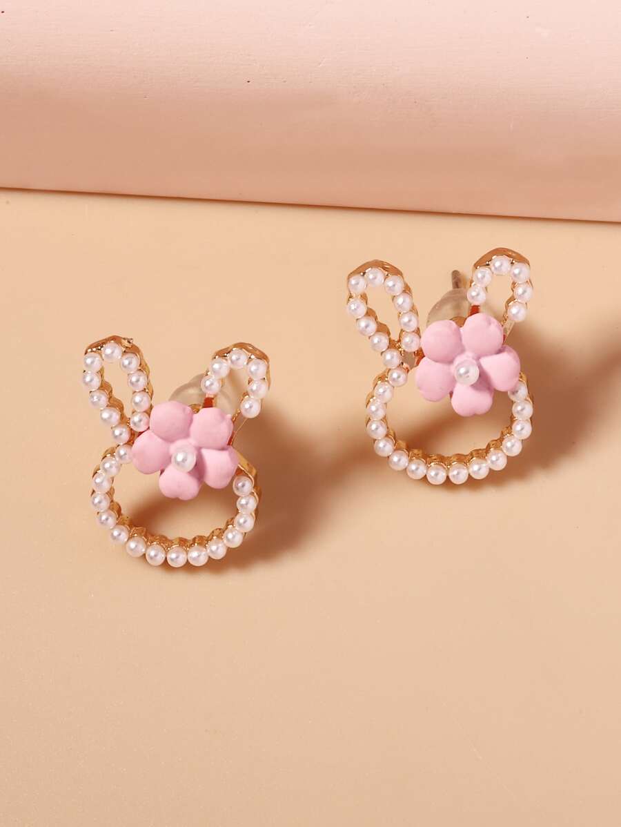 花朵裝飾珍珠兔子設計耳釘 - 彩色 - 查看 1