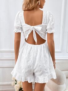 Soleia 網眼刺繡泡泡袖荷葉邊網眼刺繡連體短褲 - 白色 - 查看 1