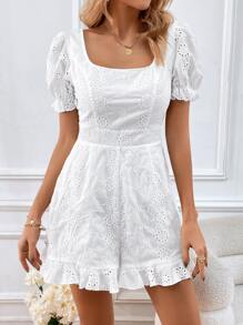 Soleia 網眼刺繡泡泡袖荷葉邊網眼刺繡連體短褲 - 白色 - 查看 6