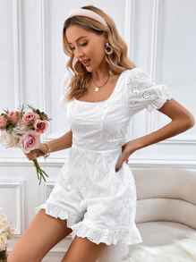 Soleia 網眼刺繡泡泡袖荷葉邊網眼刺繡連體短褲 - 白色 - 查看 7