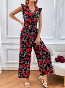 SHEIN VCAY Floral Print Ruffle Trim Belted Wide Leg Jumpsuit - Multicolor - View 1