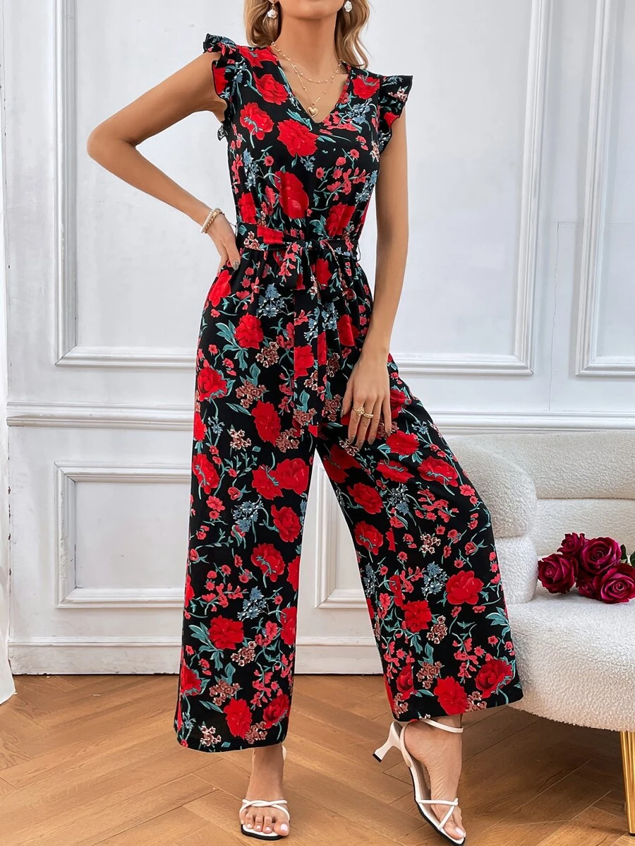 SHEIN VCAY Floral Print Ruffle Trim Belted Wide Leg Jumpsuit - Multicolor - View 1
