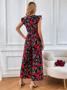 SHEIN VCAY Floral Print Ruffle Trim Belted Wide Leg Jumpsuit - Multicolor - View 2
