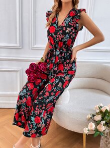 SHEIN VCAY Floral Print Ruffle Trim Belted Wide Leg Jumpsuit - Multicolor - View 3