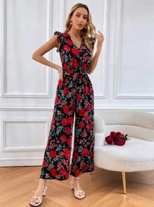 SHEIN VCAY Floral Print Ruffle Trim Belted Wide Leg Jumpsuit - Multicolor - View 4
