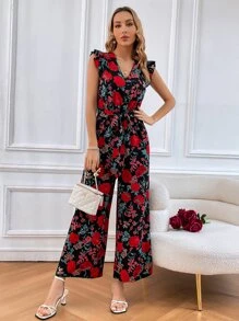 SHEIN VCAY Floral Print Ruffle Trim Belted Wide Leg Jumpsuit - Multicolor - View 5