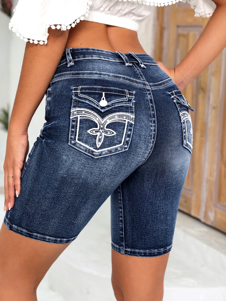 Graphic Embroidery Flap Pocket Denim Shorts Summer Casual