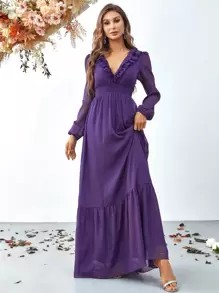 荷葉邊燈籠袖雪紡洋裝 - 紫色 - 查看 1