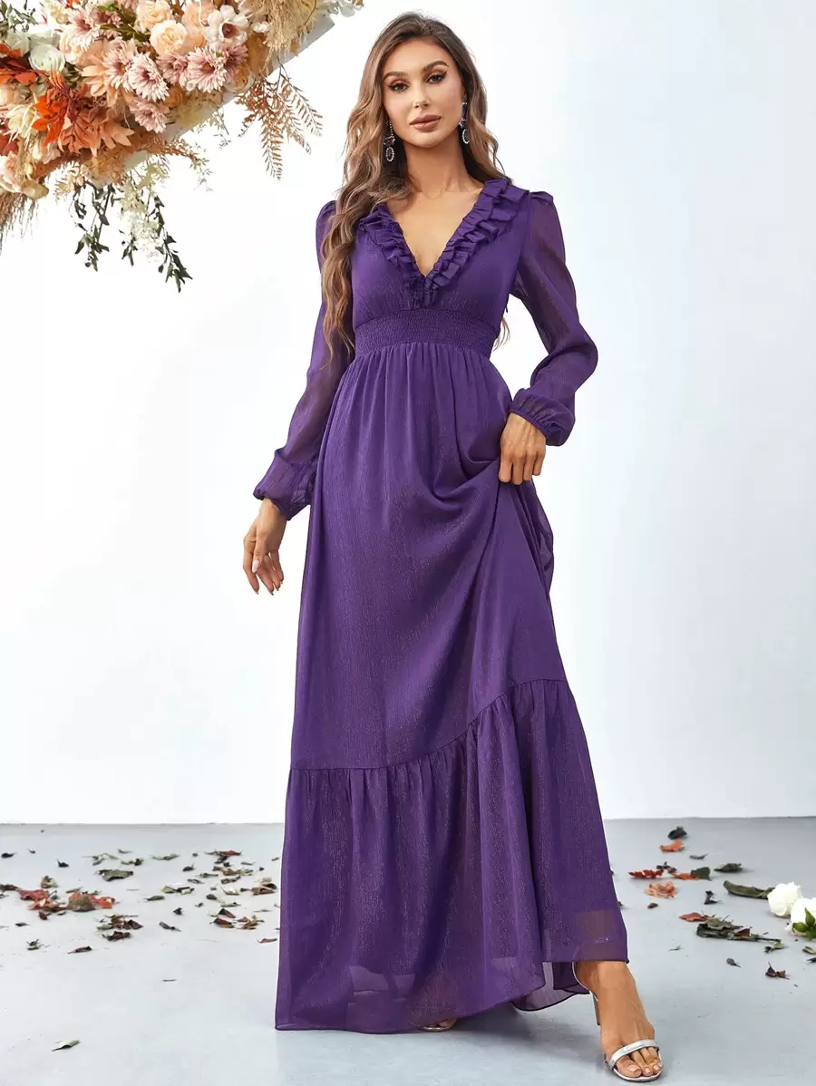 荷葉邊燈籠袖雪紡洋裝 - 紫色 - 查看 1