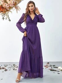 荷葉邊燈籠袖雪紡洋裝 - 紫色 - 查看 4