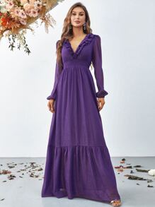 荷葉邊燈籠袖雪紡洋裝 - 紫色 - 查看 5