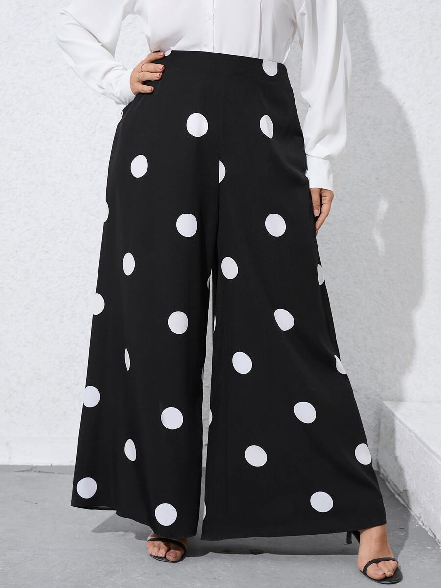 SHEIN Clasi Quần Plus Size Dây kéo Chấm bi Giải trí - Đen và trắng - Xem 1