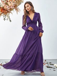 荷葉邊燈籠袖雪紡洋裝 - 紫色 - 查看 6