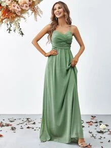 Luxury Thin-Strap Evening Gown With Flowing Organza A-Line Skirt & Sculpted Ruched Bodice | Women's Formal Dress For Gala Events, Black-Tie Dinners, Wedding Receptions, Red Carpet Ceremonies, And Charity Balls - Green - View 3