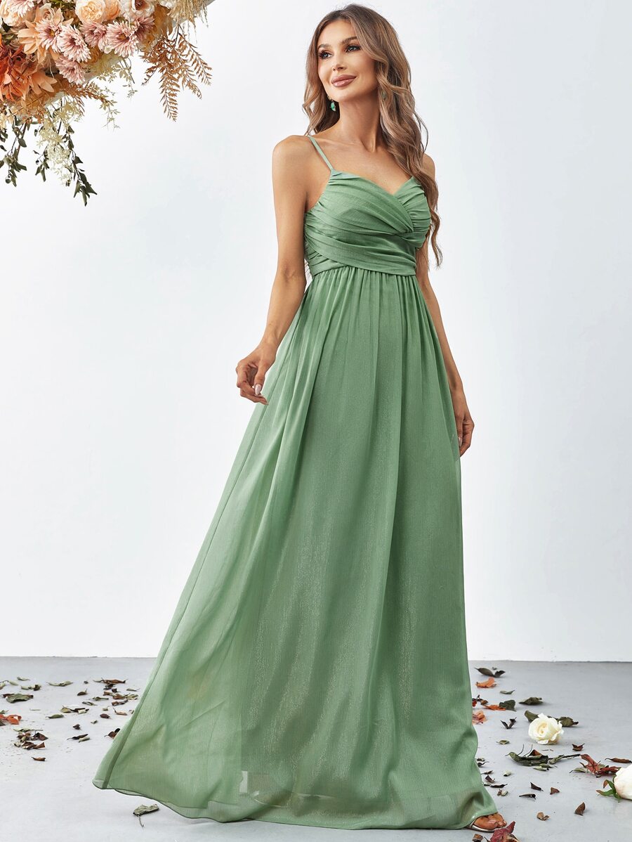 Luxury Thin-Strap Evening Gown With Flowing Organza A-Line Skirt & Sculpted Ruched Bodice | Women's Formal Dress For Gala Events, Black-Tie Dinners, Wedding Receptions, Red Carpet Ceremonies, And Charity Balls - Green - View 1