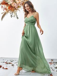 Luxury Thin-Strap Evening Gown With Flowing Organza A-Line Skirt & Sculpted Ruched Bodice | Women's Formal Dress For Gala Events, Black-Tie Dinners, Wedding Receptions, Red Carpet Ceremonies, And Charity Balls - Green - View 4