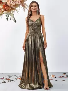 Đầm dạ hội thanh lịch với dây đeo mảnh, xẻ tà cao và dáng chữ A xòe rộng - Đầm dạ hội trang trọng cho các sự kiện thảm đỏ, tiệc cưới, dạ hội từ thiện và buổi ra mắt opera, đầm dự tiệc, đầm dự đám cưới mùa xuân. - Vàng - Xem 1