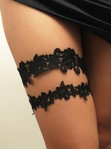 2pcs Flower Lace Thigh Chain - Black - View 1