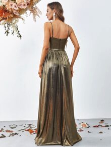 Đầm dạ hội thanh lịch với dây đeo mảnh, xẻ tà cao và dáng chữ A xòe rộng - Đầm dạ hội trang trọng cho các sự kiện thảm đỏ, tiệc cưới, dạ hội từ thiện và buổi ra mắt opera, đầm dự tiệc, đầm dự đám cưới mùa xuân. - Vàng - Xem 2