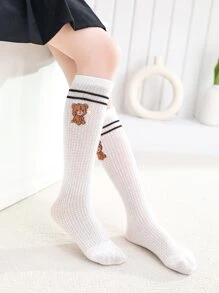 Toddler Girls Bear Pattern Over The Calf Socks - White - View 3