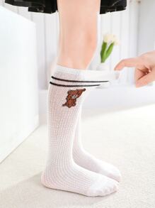 Toddler Girls Bear Pattern Over The Calf Socks - White - View 5
