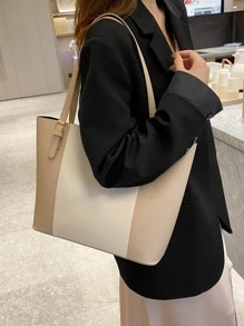 雙色單肩托特包 - 卡其色 - 查看 3