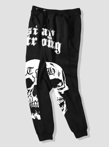 ROMWE MEN Goth 男士字母骷髏頭圖案腰部抽繩衛褲 - 黑色 - 查看 4