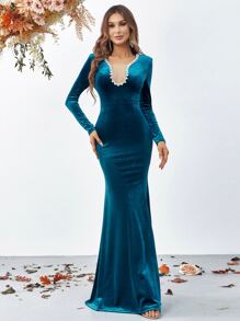 Pearls Beaded Shoulder Pad Velvet Formal Dress - Teal Blue - View 1