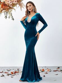 Pearls Beaded Shoulder Pad Velvet Formal Dress - Teal Blue - View 3