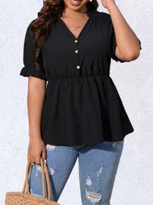 SHEIN LUNE 大碼半排扣荷葉袖荷葉邊下擺襯衫 - 黑色 - 查看 1