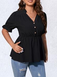 SHEIN LUNE 大碼半排扣荷葉袖荷葉邊下擺襯衫 - 黑色 - 查看 3