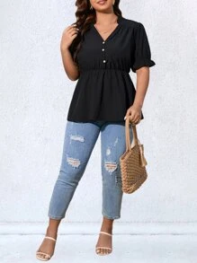 SHEIN LUNE 大碼半排扣荷葉袖荷葉邊下擺襯衫 - 黑色 - 查看 4