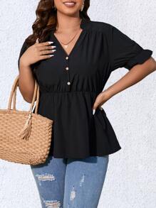 SHEIN LUNE 大碼半排扣荷葉袖荷葉邊下擺襯衫 - 黑色 - 查看 6