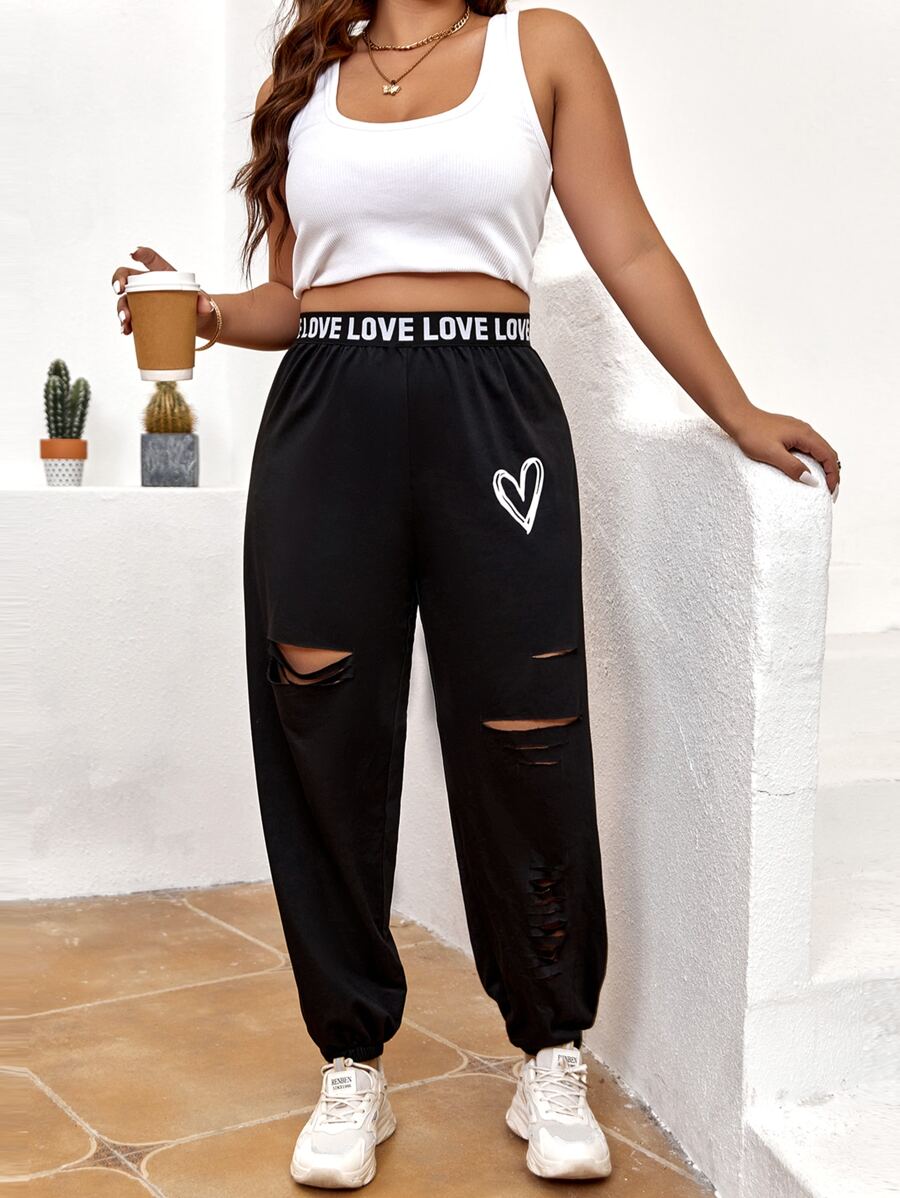 Flirla Plus Heart Print Contrast Letter Tape Cut Out Joggers - Black - View 1