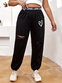Flirla Plus Heart Print Contrast Letter Tape Cut Out Joggers - Black - View 3