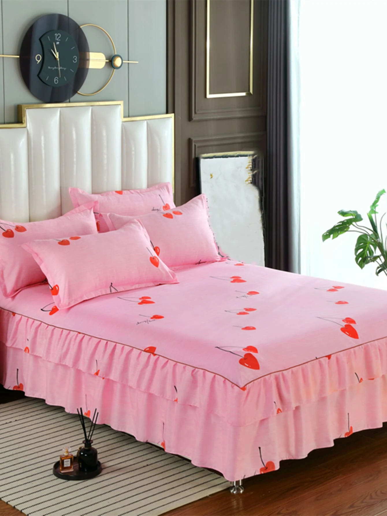 Cherry Pattern Ruffle Trim Bed Skirt - Multicolor - View 1