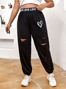 Flirla Plus Heart Print Contrast Letter Tape Cut Out Joggers - Black - View 4