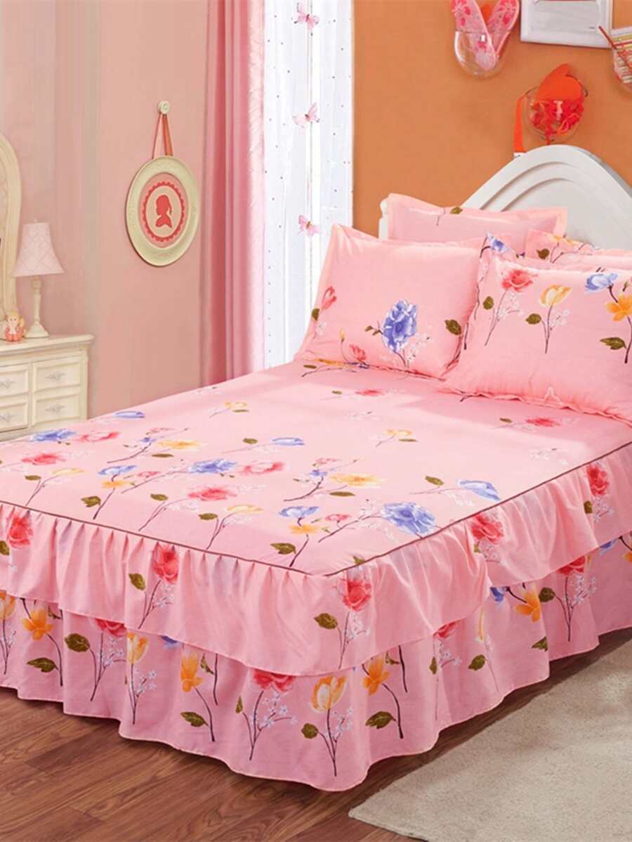Floral Pattern Ruffle Trim Bed Skirt - Multicolor - View 1
