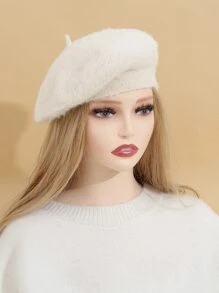 素色毛茸茸貝雷帽 - 米色 - 查看 4