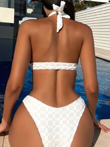SHEIN Swim 環狀連接頸掛式夏季沙灘比基尼套裝 - 白色 - 查看 2