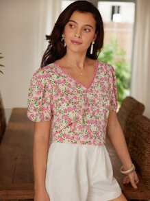 SHEIN Frenchy Áo sơ mi nữ Buộc lại Hoa Tất cả trên in Boho - Nhiều màu - Xem 2