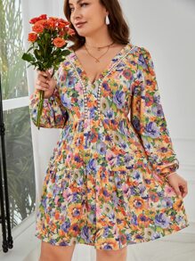 SHEIN VCAY Plus Floral Print Tie Backless Lantern Sleeve Ruffle Hem Dress,Beach Dress Sundress,Holiday Outfits Boho - Multicolor - View 2