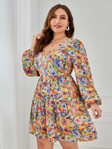 SHEIN VCAY Plus Floral Print Tie Backless Lantern Sleeve Ruffle Hem Dress,Beach Dress Sundress,Holiday Outfits Boho - Multicolor - View 3