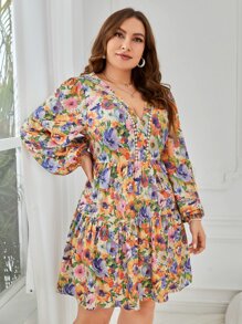 SHEIN VCAY Plus Floral Print Tie Backless Lantern Sleeve Ruffle Hem Dress,Beach Dress Sundress,Holiday Outfits Boho - Multicolor - View 5