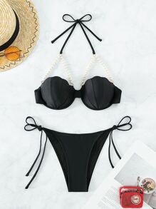 SHEIN Swim SXY 人造珍珠裝飾比基尼套裝吊脖提臀貝殼文胸和側繫帶丁字褲2入組泳衣 - 黑色 - 查看 3