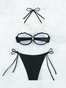 SHEIN Swim SXY 人造珍珠裝飾比基尼套裝吊脖提臀貝殼文胸和側繫帶丁字褲2入組泳衣 - 黑色 - 查看 4
