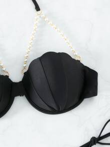 SHEIN Swim SXY 人造珍珠裝飾比基尼套裝吊脖提臀貝殼文胸和側繫帶丁字褲2入組泳衣 - 黑色 - 查看 5