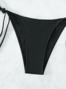 SHEIN Swim SXY 人造珍珠裝飾比基尼套裝吊脖提臀貝殼文胸和側繫帶丁字褲2入組泳衣 - 黑色 - 查看 6