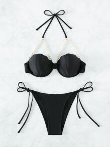SHEIN Swim SXY 人造珍珠裝飾比基尼套裝吊脖提臀貝殼文胸和側繫帶丁字褲2入組泳衣 - 黑色 - 查看 7