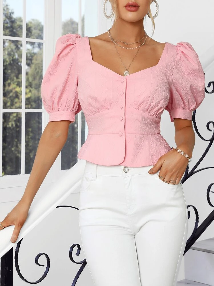 GENKIRA Sweetheart Neck Puff Sleeve Button Front Peplum Blouse